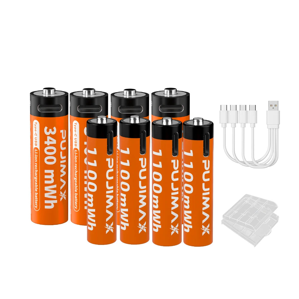 PUJIMAX 1.5V AA&AAA Rechargeable Lithium Battery 3400mWh/1100mWh, Type-C Port Charging Be Reused 1500 Times For Alarm Clocks