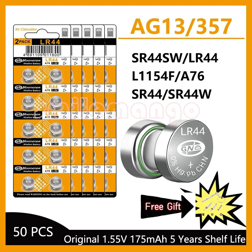 5-50pcs High Capacity LR44 Batteries L1154F AG13 SR44 A76 Premium Alkaline Battery 1.5V Button Coin Cell Battery for Calculator