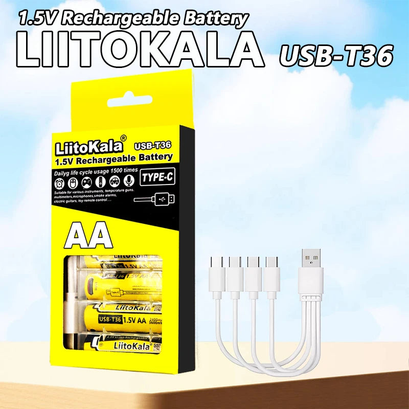 Liitokala USB-T36 1.5V AA 3600mWh Li-Ion Rechargeable Battery 1200 Cycle Type-C AA 2400mAh Battery with 4-in-1 USB Cable