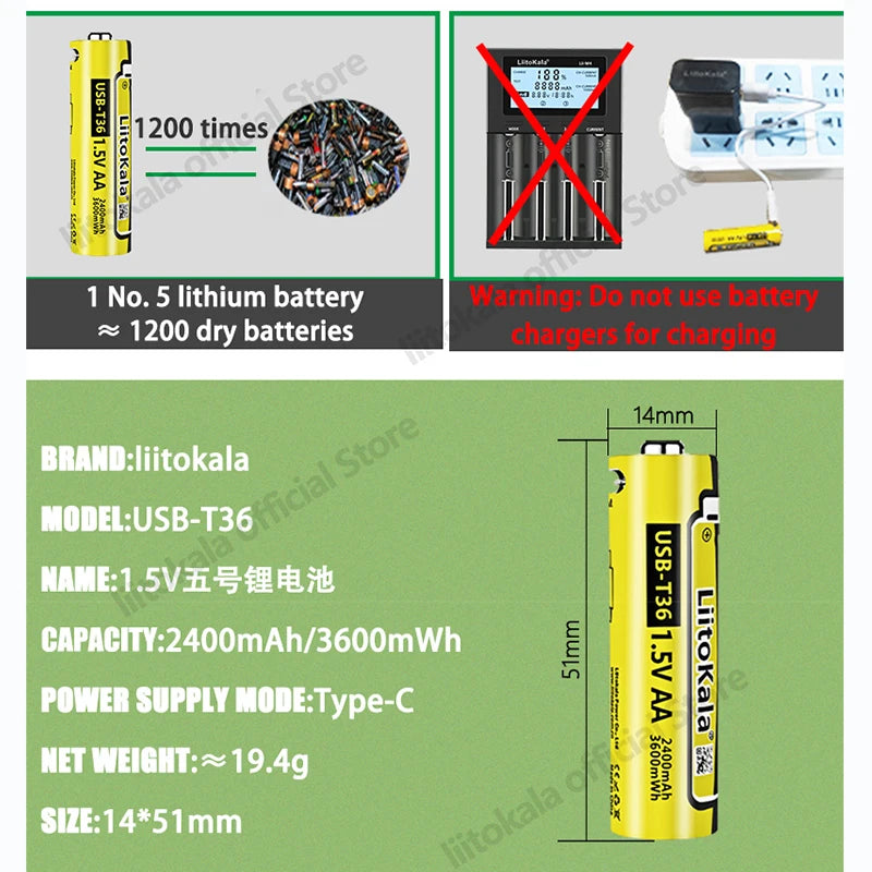 Liitokala USB-T36 1.5V AA 3600mWh Li-Ion Rechargeable Battery 1200 Cycle Type-C AA 2400mAh Battery with 4-in-1 USB Cable
