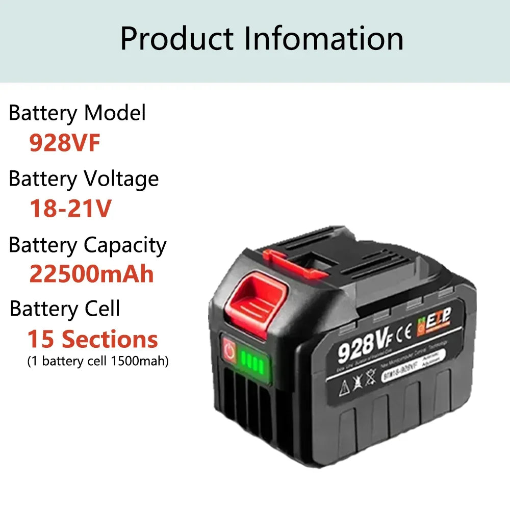 928VF 20V 22500mAh High Capacity Rechargeable Lithium Ion Battery for Electric Chainsaw Electric Drill Wrench Power Tool