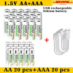 AAA and AA Rechargeable Batteries USB Lithium-ion 3400mWh 1.5V AA Rechargeable Batteries+800mWh 1.5V AAA Battery+ Type-C Cable