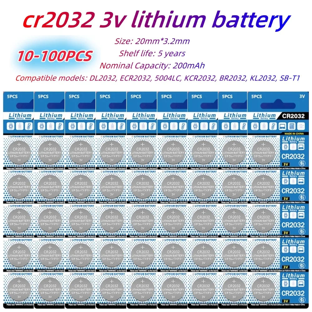 10-100PCS 200mAh CR2032 DL2032 ECR2032 3V Lithium Battery For Watch Toys Calculator Car Key Remote Control Button Coin Cells