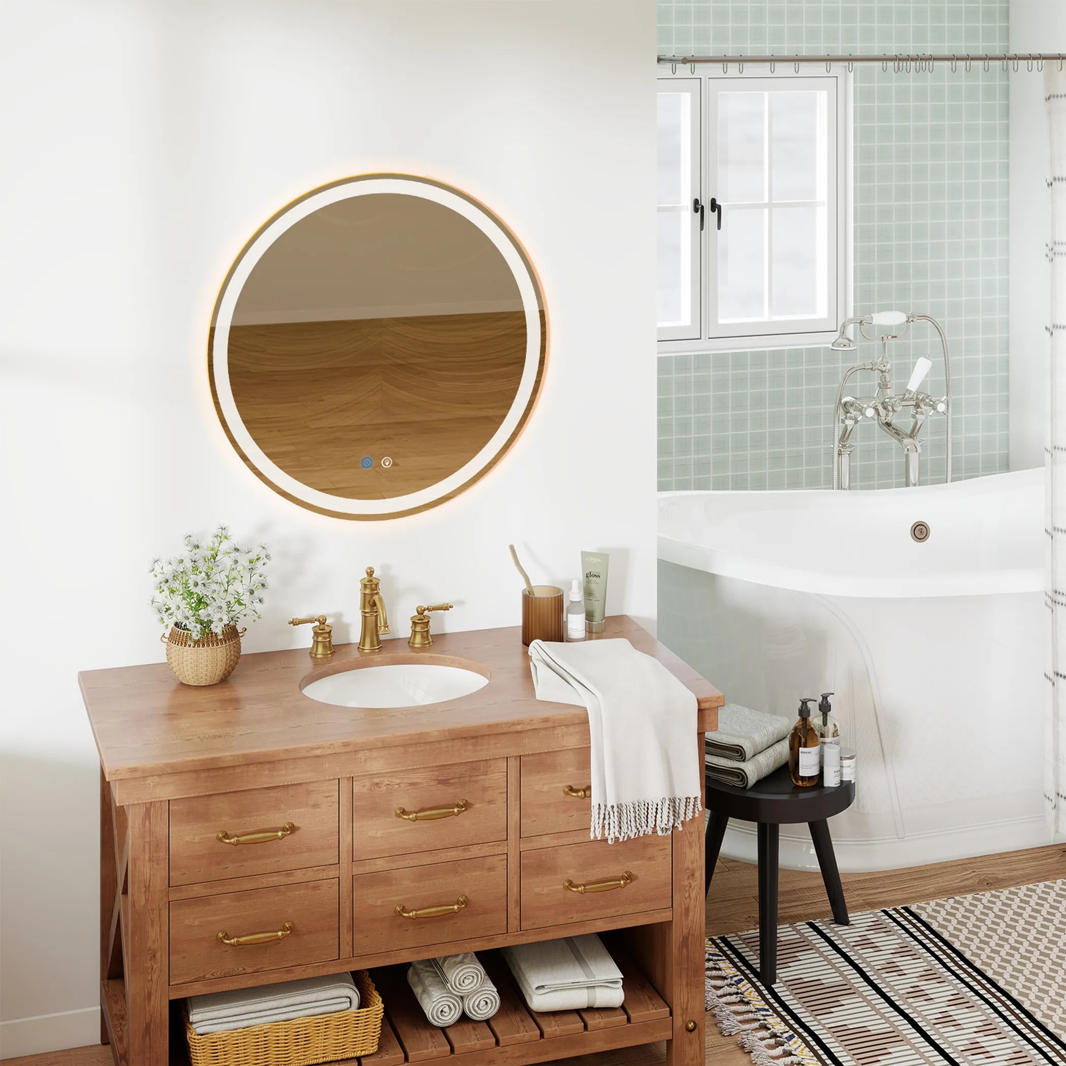 28" Silver Round Lighted Frameless Bathroom Vanity Mirror