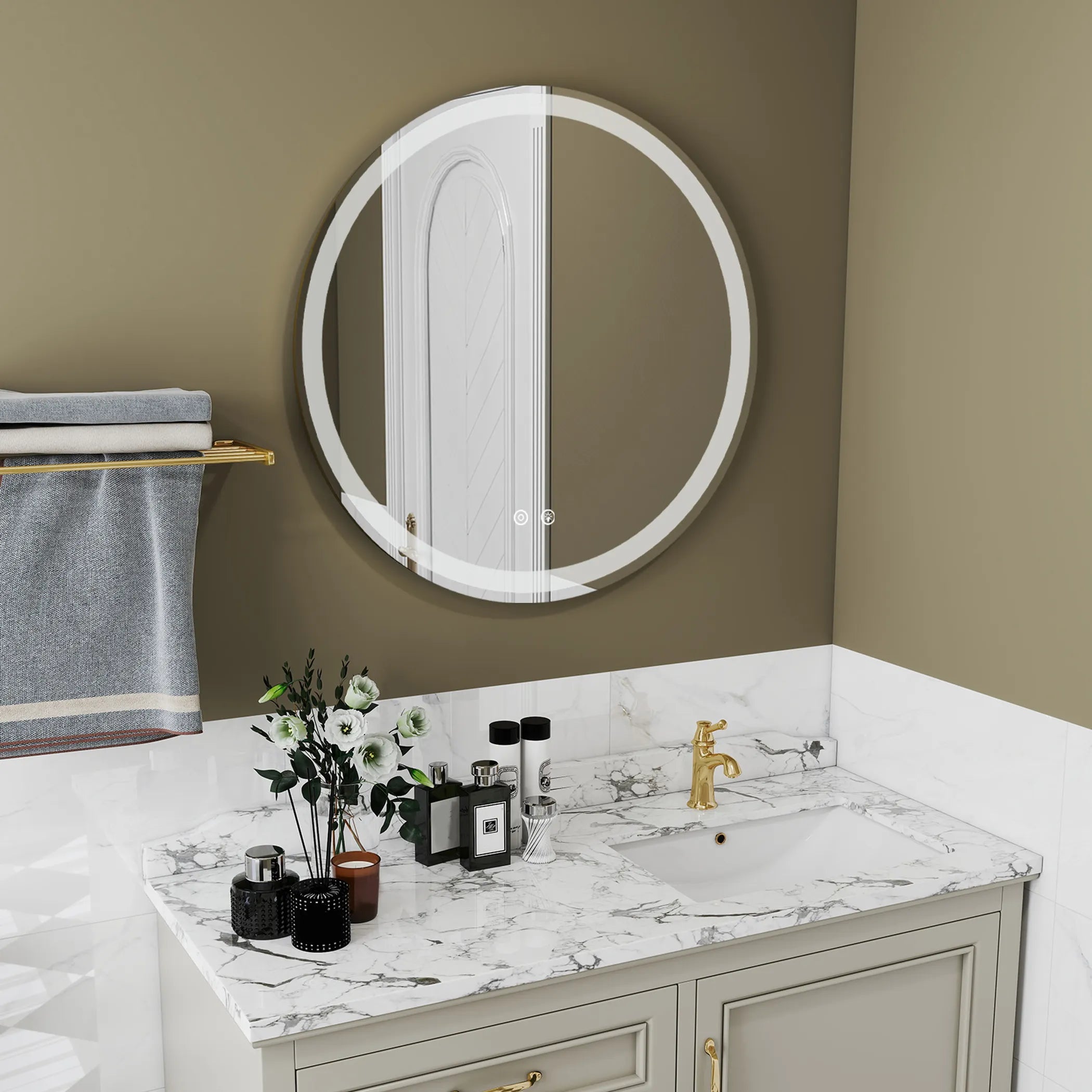 28" Silver Round Lighted Frameless Bathroom Vanity Mirror
