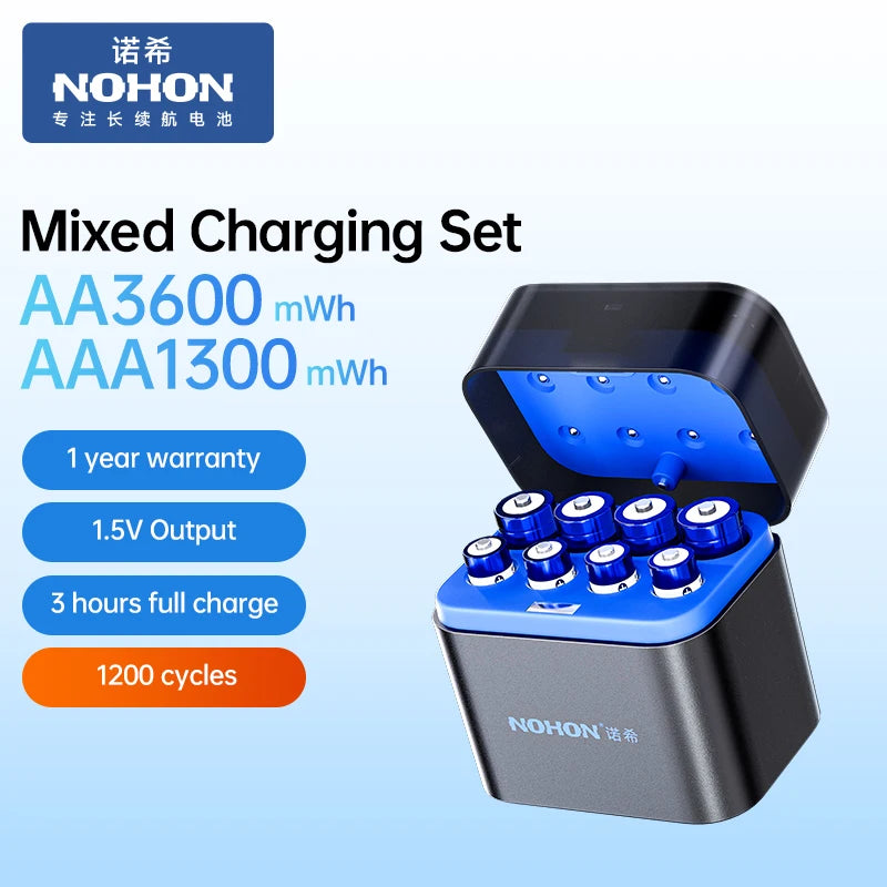 NOHON 1.5V AA 3600mWh/AAA 1300mWh Rechargeable Battery for Toy Game Console Mouse Remote Control Doorbell Blood Pressure Monitor