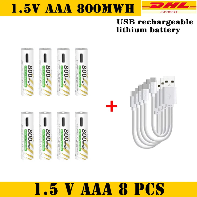 AAA and AA Rechargeable Batteries USB Lithium-ion 3400mWh 1.5V AA Rechargeable Batteries+800mWh 1.5V AAA Battery+ Type-C Cable