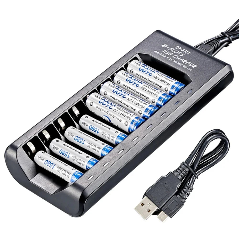 USB Output 8 Slots Fast Charging Short Circuit Protection for 1.2V NiMH AAA/AA Batteries Charger Rechargeable Battery Charger