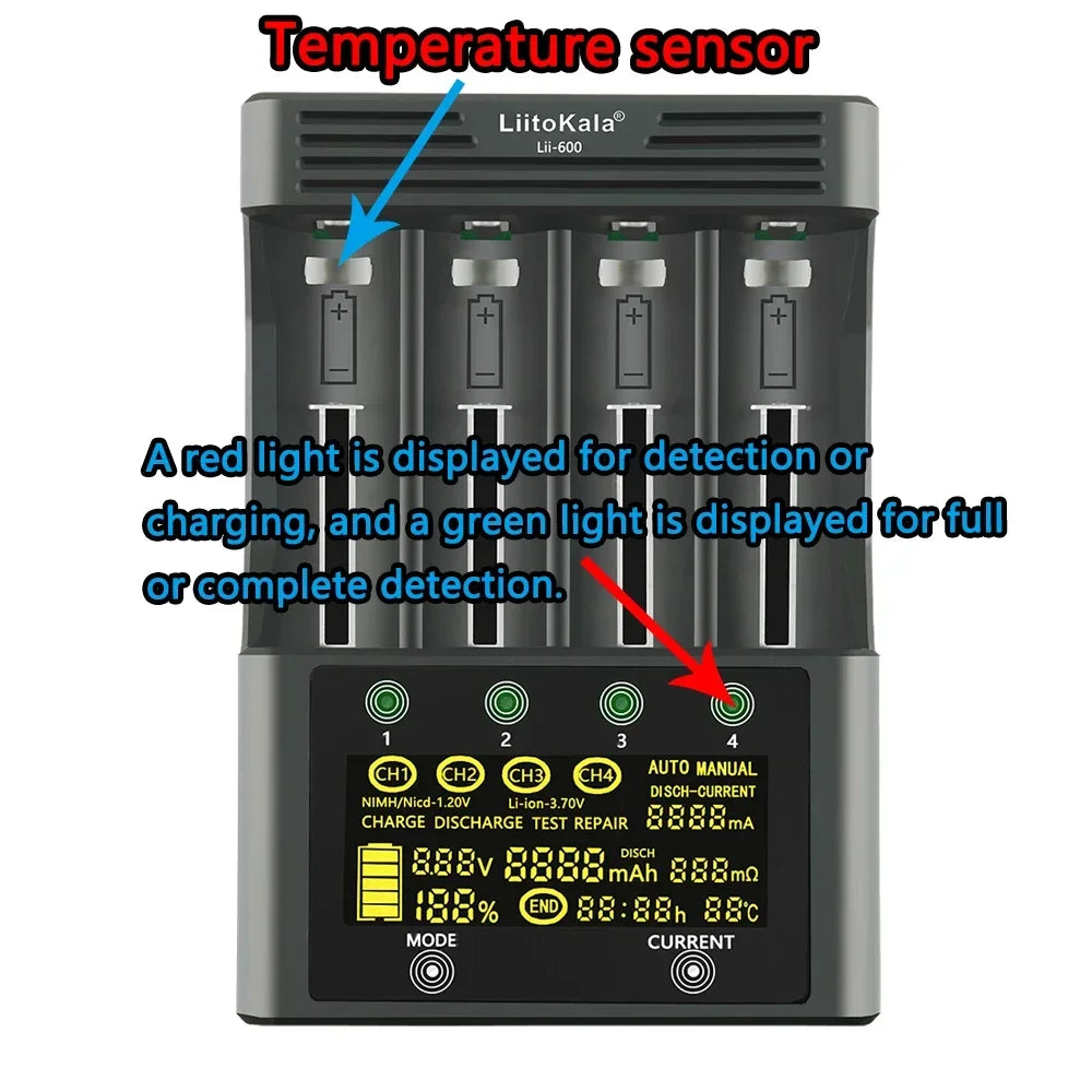 LiitoKala Lii-600 3.7V 3.85V Li ion 18650 1.2V 1.5V Ni MH AA AAA 3.2V/3.65V LiFePO4 Rechargeable Smart Repair LED Charger
