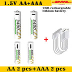 AAA and AA Rechargeable Batteries USB Lithium-ion 3400mWh 1.5V AA Rechargeable Batteries+800mWh 1.5V AAA Battery+ Type-C Cable