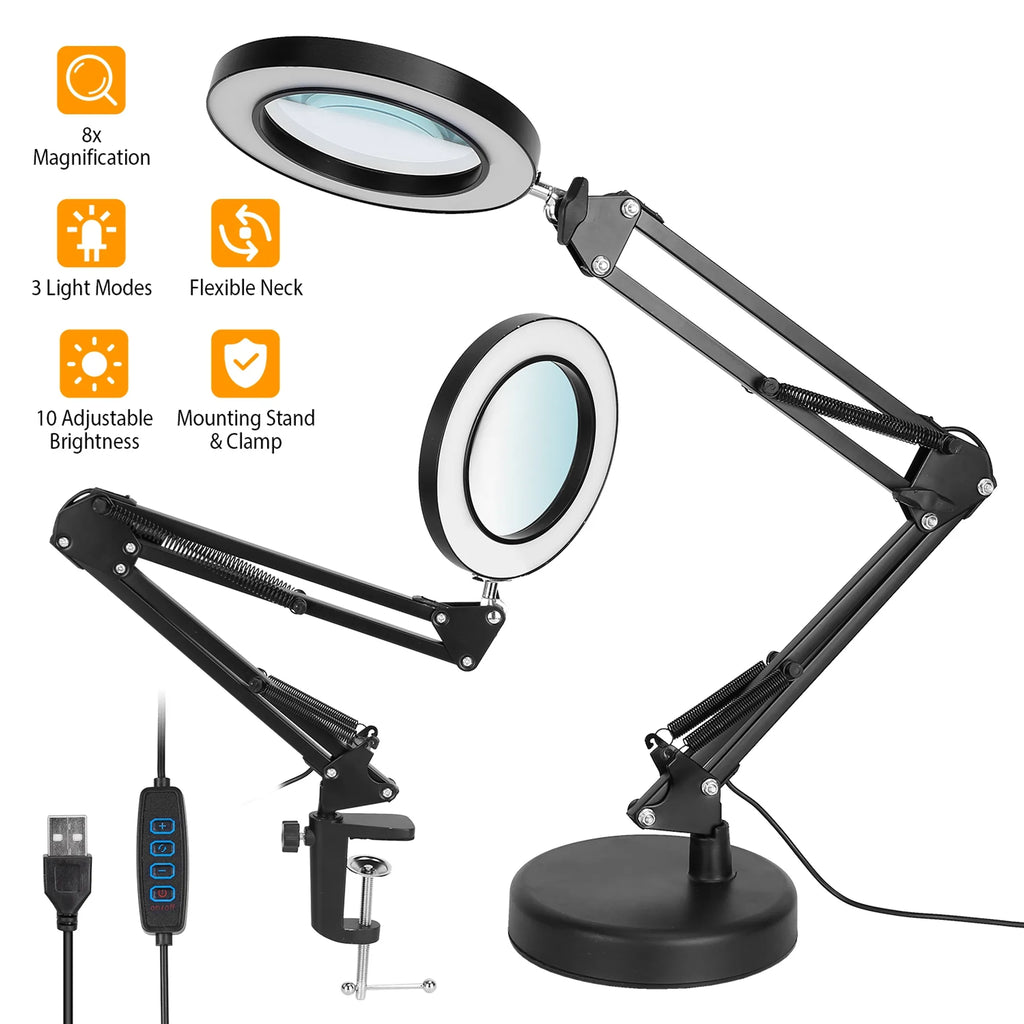 2-in-1 LED Magnifier Desk Lamp 8x Magnifying Glass