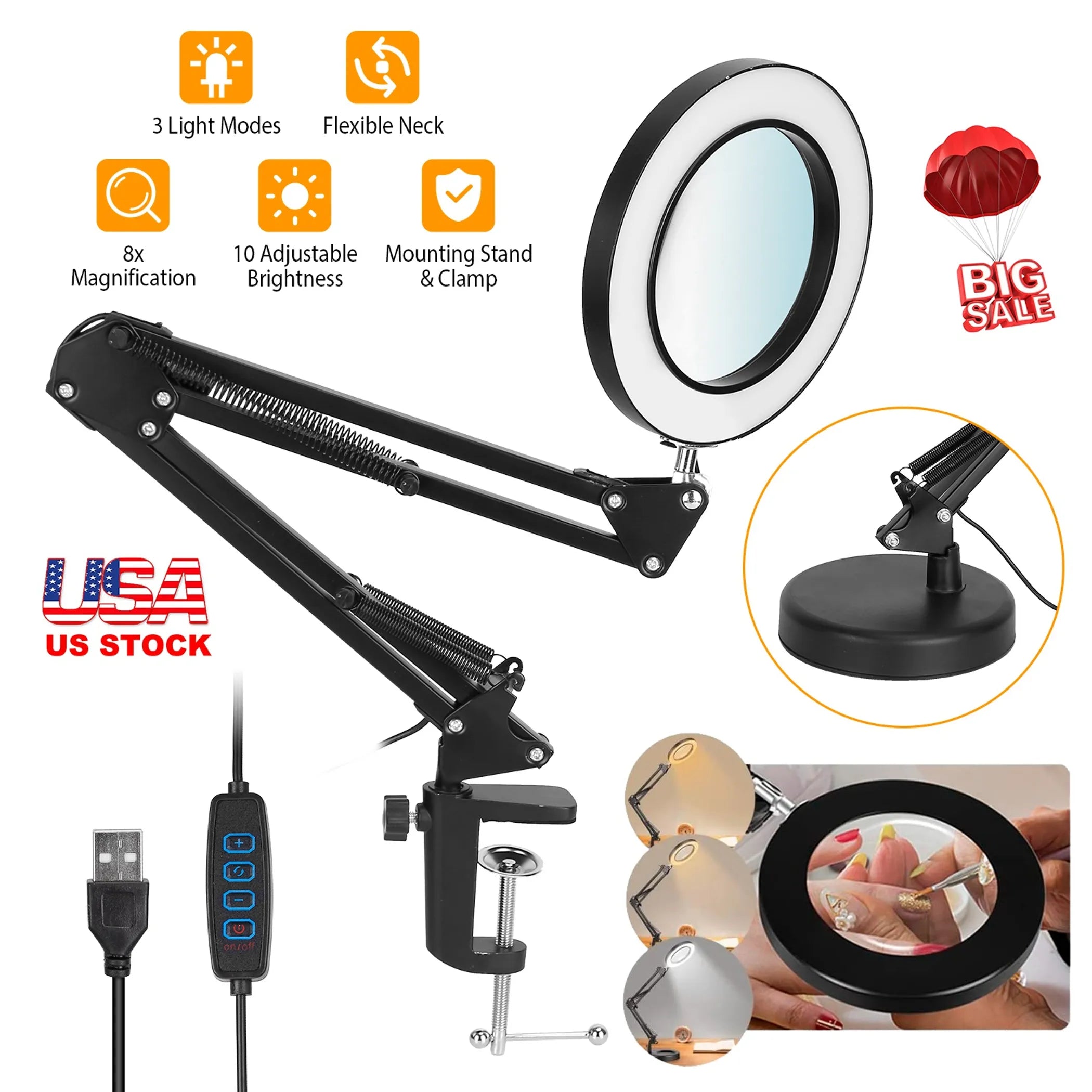 2-in-1 LED Magnifier Desk Lamp 8x Magnifying Glass