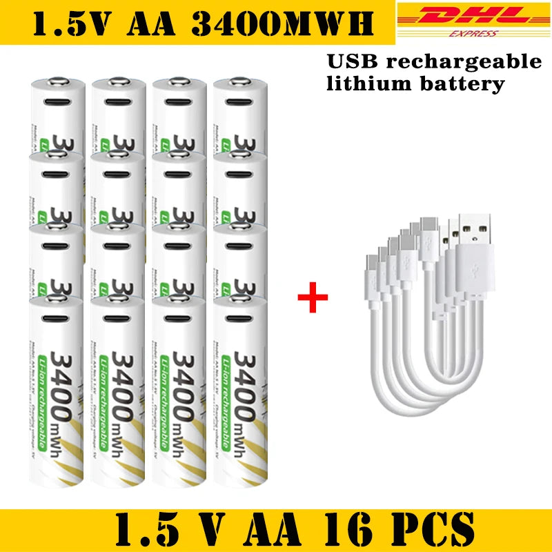 AAA and AA Rechargeable Batteries USB Lithium-ion 3400mWh 1.5V AA Rechargeable Batteries+800mWh 1.5V AAA Battery+ Type-C Cable