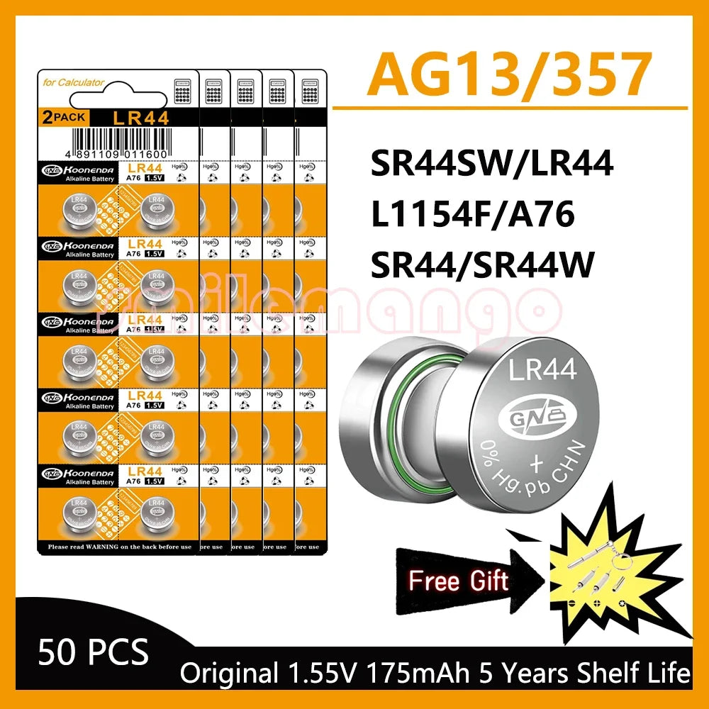 LR44 / AG13 1.5V Alkaline Button Cell Batteries for Calculators and Small Electronics