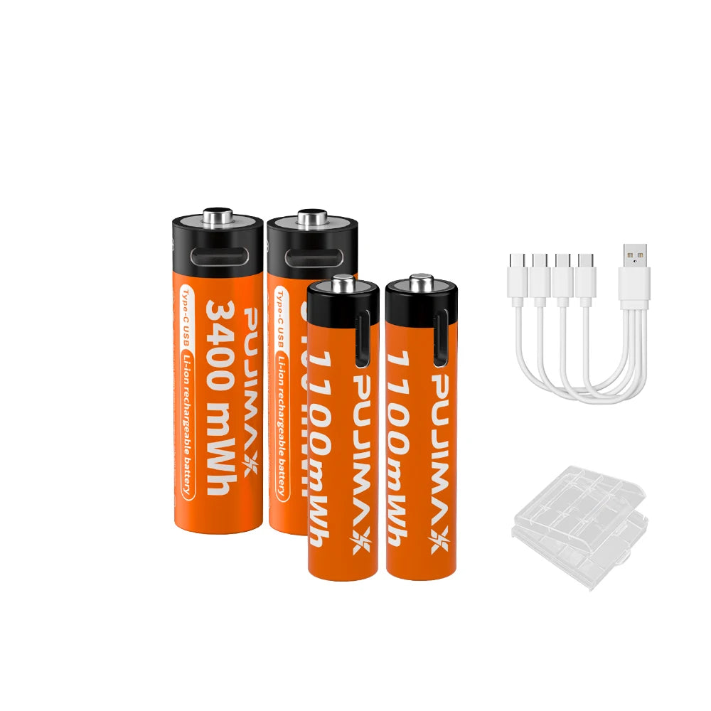 PUJIMAX 1.5V AA&AAA Rechargeable Lithium Battery 3400mWh/1100mWh, Type-C Port Charging Be Reused 1500 Times For Alarm Clocks
