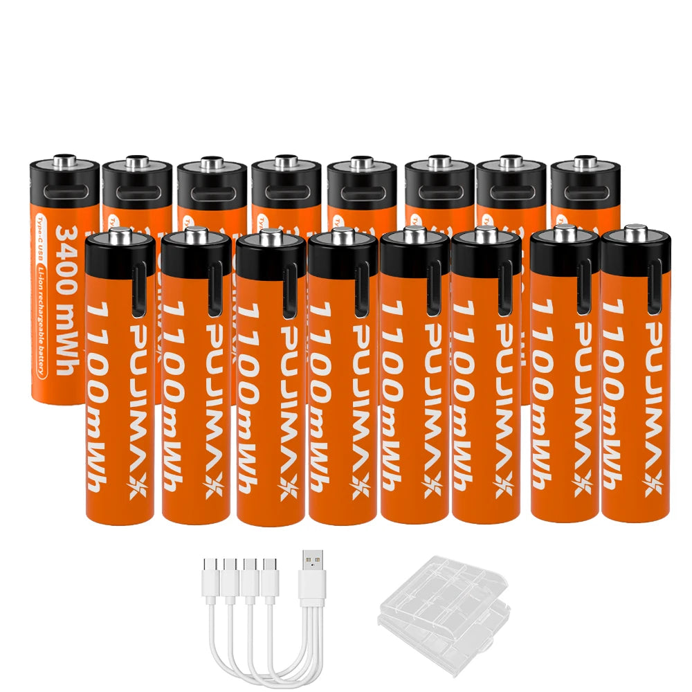 PUJIMAX 1.5V AA&AAA Rechargeable Lithium Battery 3400mWh/1100mWh, Type-C Port Charging Be Reused 1500 Times For Alarm Clocks