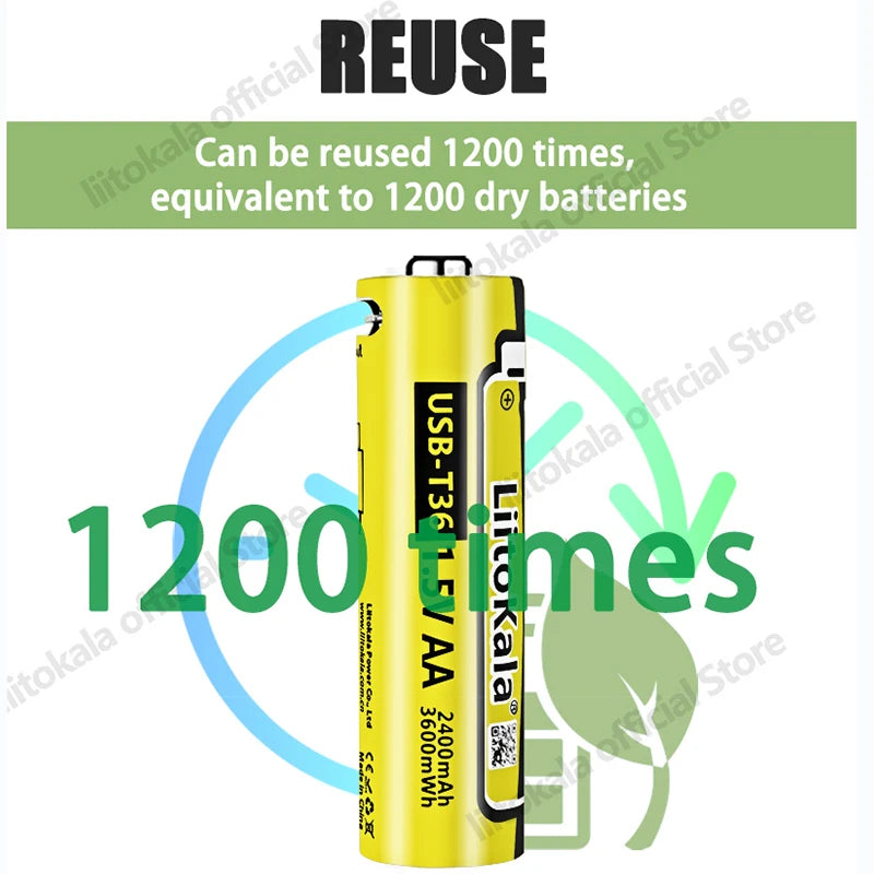 Liitokala USB-T36 1.5V AA 3600mWh Li-Ion Rechargeable Battery 1200 Cycle Type-C AA 2400mAh Battery with 4-in-1 USB Cable