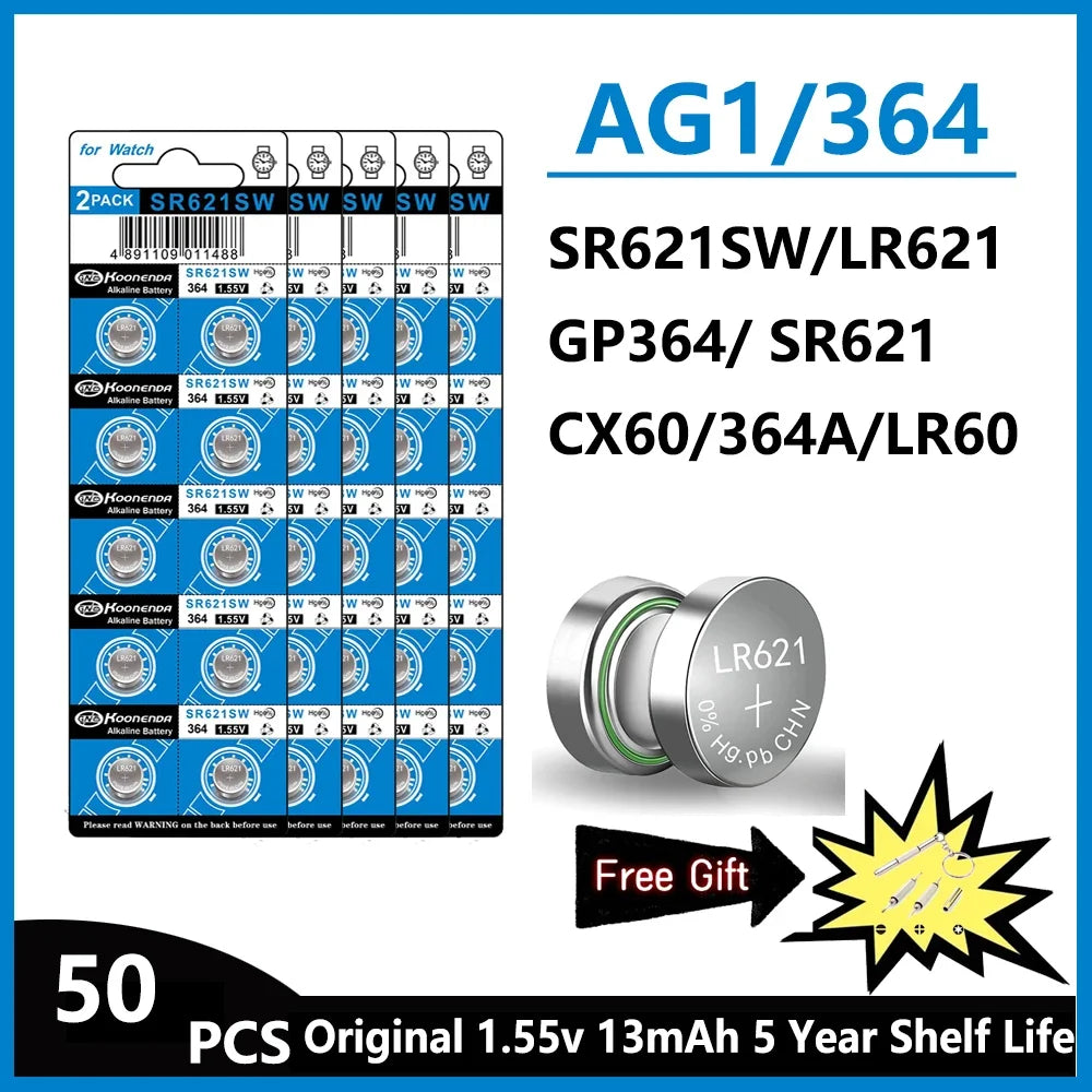 2-50PCS AG1 LR621 364 V364 164 531 SR621 SR621SW SR60 CX60 1.55V Alkaline Battery For Watch Car Key Remote Toy Button Coin Cell