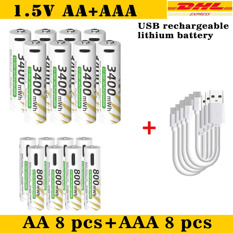 AAA and AA Rechargeable Batteries USB Lithium-ion 3400mWh 1.5V AA Rechargeable Batteries+800mWh 1.5V AAA Battery+ Type-C Cable