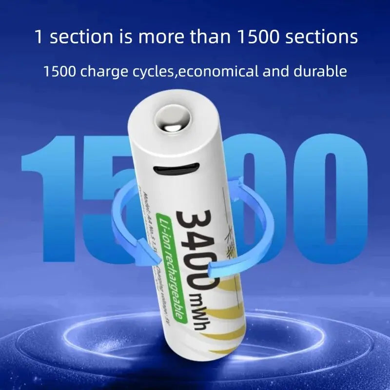 AAA and AA Rechargeable Batteries USB Lithium-ion 3400mWh 1.5V AA Rechargeable Batteries+800mWh 1.5V AAA Battery+ Type-C Cable
