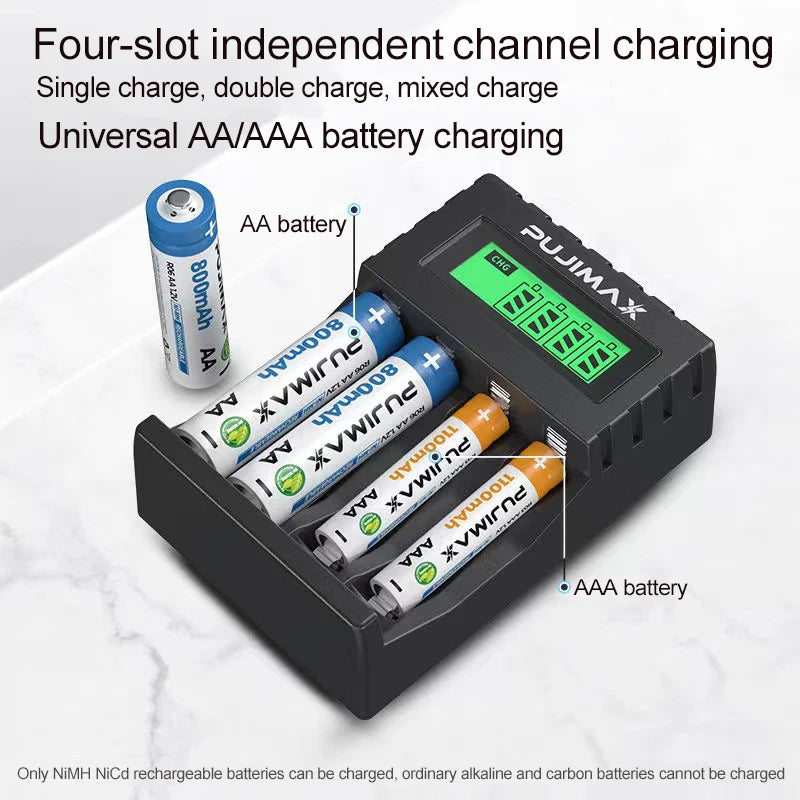 PUJIMAX 4 Slots 1.2V Smart Battery Charger LCD Display For AA/AAA NiCd NiMh Rechargeable Battery Portable Fast Charging Adapter