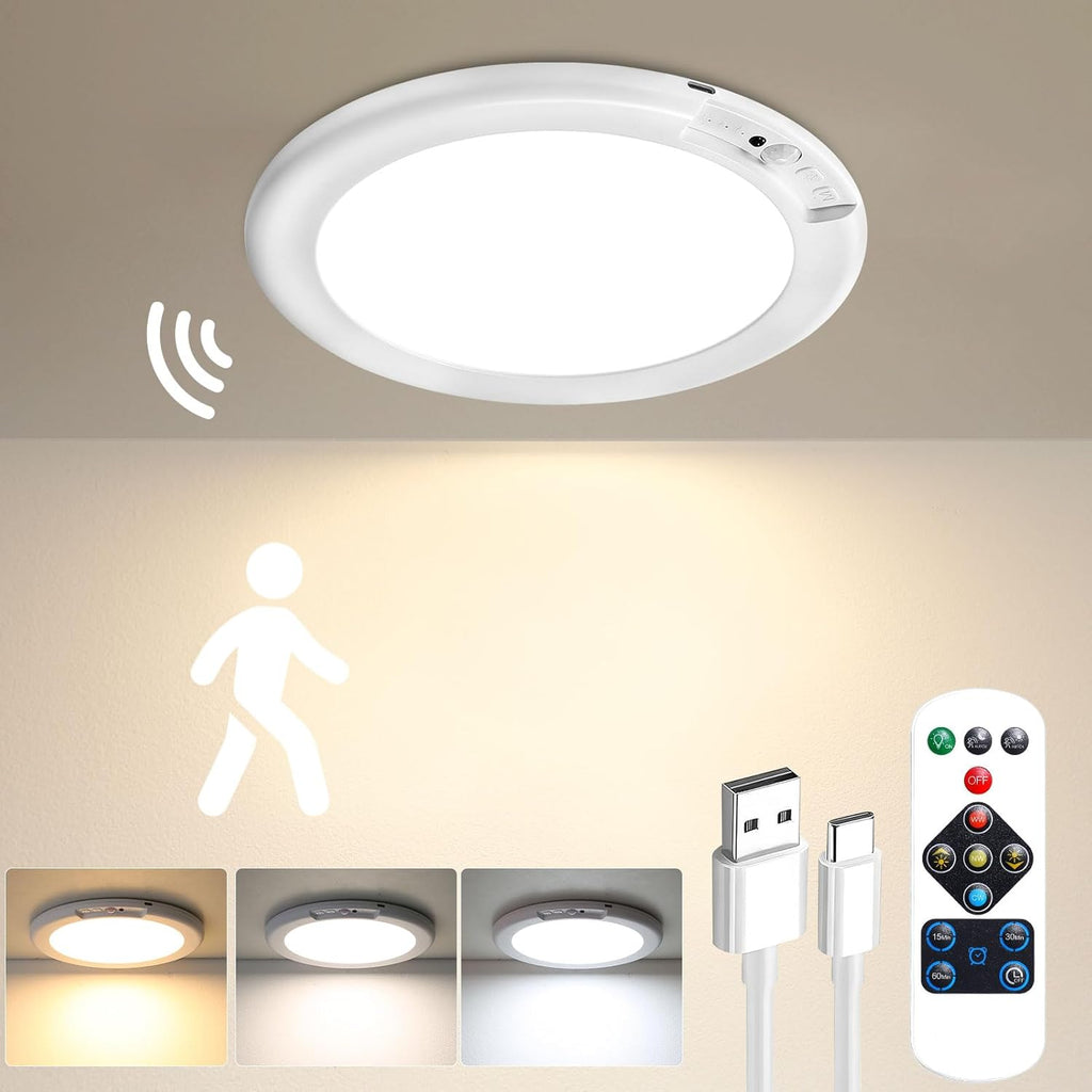 2 Pack Rechargeable Motion Sensor Ceiling Light with Remote - Magnetic Wireless Ceiling Light Battery Powered for Closet Shower Stairs Shed Hallway Porch Patio