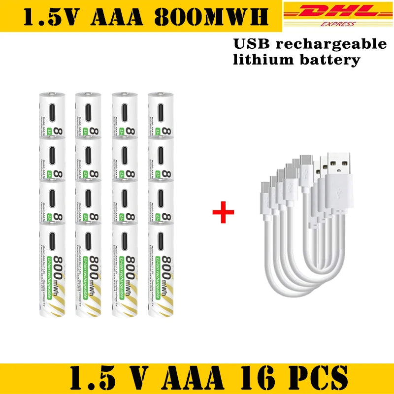 AAA and AA Rechargeable Batteries USB Lithium-ion 3400mWh 1.5V AA Rechargeable Batteries+800mWh 1.5V AAA Battery+ Type-C Cable