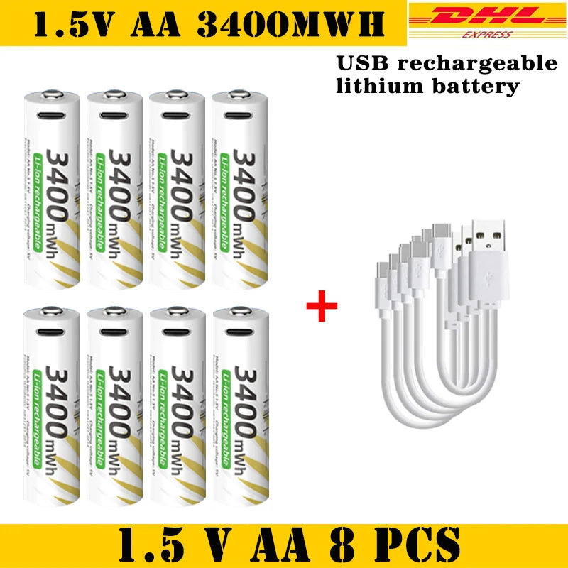AAA and AA Rechargeable Batteries USB Lithium-ion 3400mWh 1.5V AA Rechargeable Batteries+800mWh 1.5V AAA Battery+ Type-C Cable