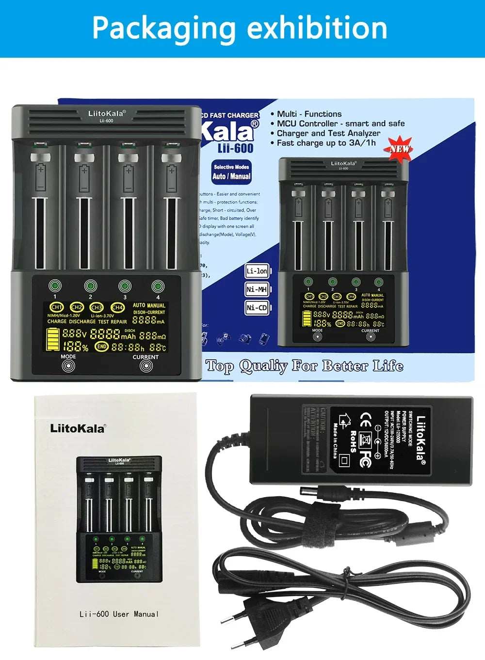 LiitoKala Lii-600 3.7V 3.85V Li ion 18650 1.2V 1.5V Ni MH AA AAA 3.2V/3.65V LiFePO4 Rechargeable Smart Repair LED Charger