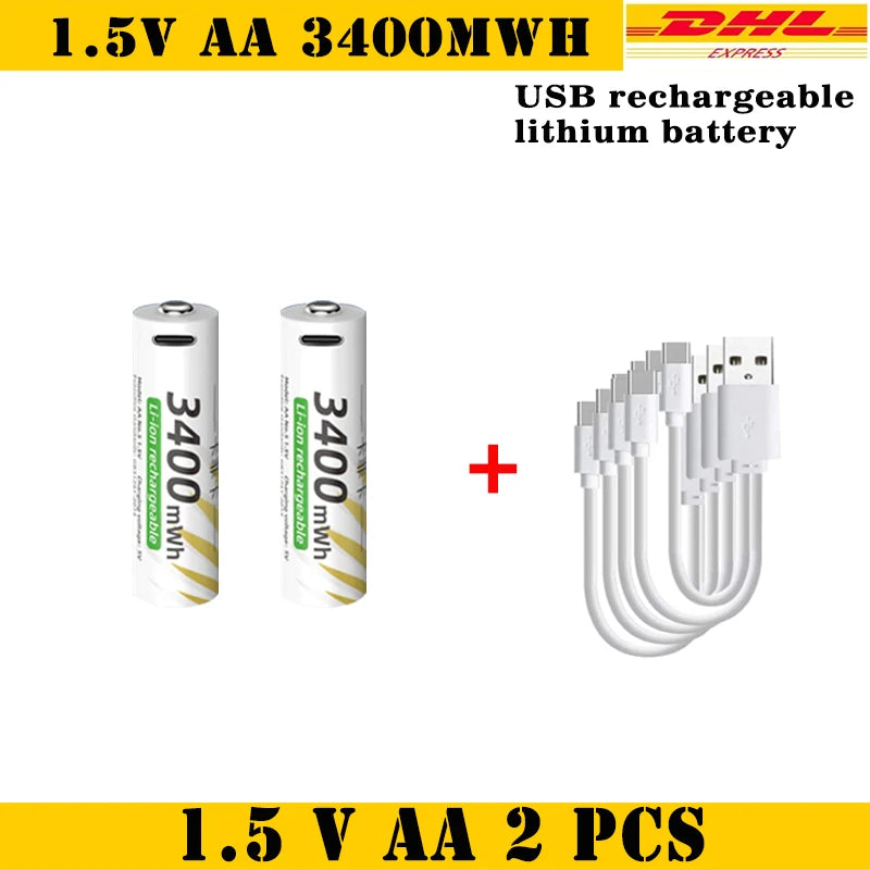 AAA and AA Rechargeable Batteries USB Lithium-ion 3400mWh 1.5V AA Rechargeable Batteries+800mWh 1.5V AAA Battery+ Type-C Cable