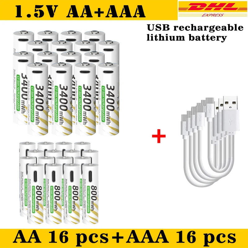 AAA and AA Rechargeable Batteries USB Lithium-ion 3400mWh 1.5V AA Rechargeable Batteries+800mWh 1.5V AAA Battery+ Type-C Cable