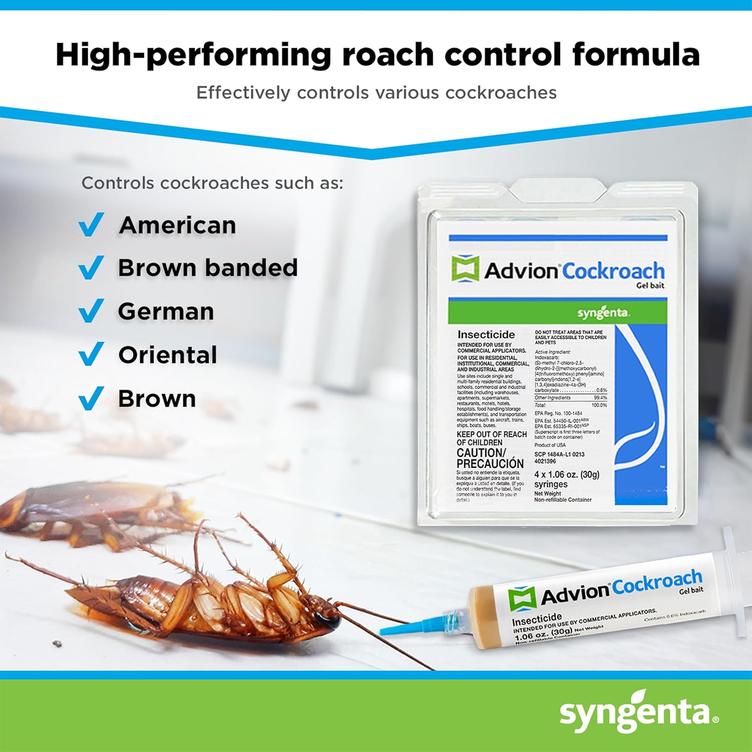 Advion Cockroach Gel Bait – German Roach Insect Pest Control, Roach Killer Gel for American, German and Other Major Cockroach Species, Indoor and Outdoor Use, 4 Tubes x 30 Grams with 4 Plungers and 4 Tips
