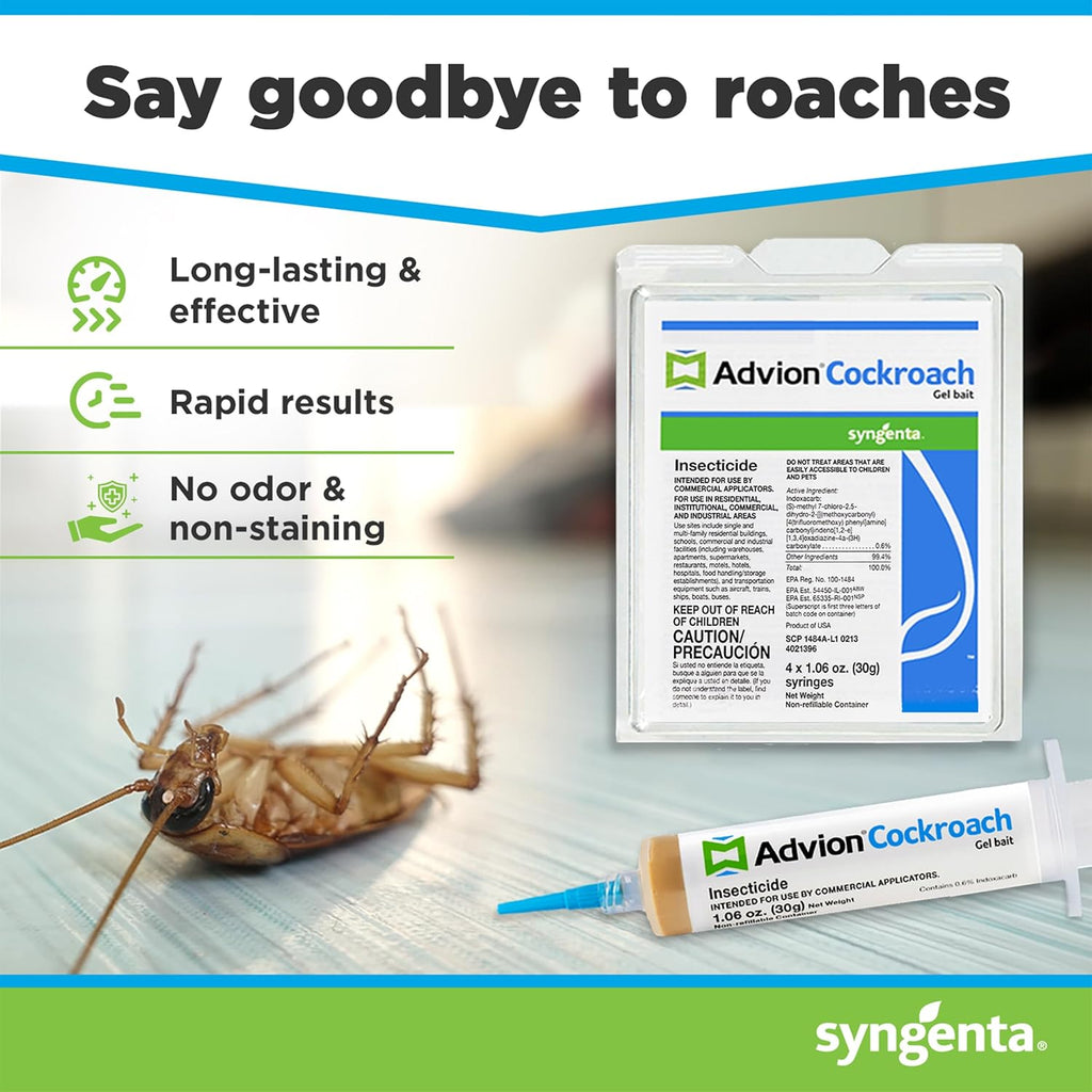 Advion Cockroach Gel Bait – German Roach Insect Pest Control, Roach Killer Gel for American, German and Other Major Cockroach Species, Indoor and Outdoor Use, 4 Tubes x 30 Grams with 4 Plungers and 4 Tips