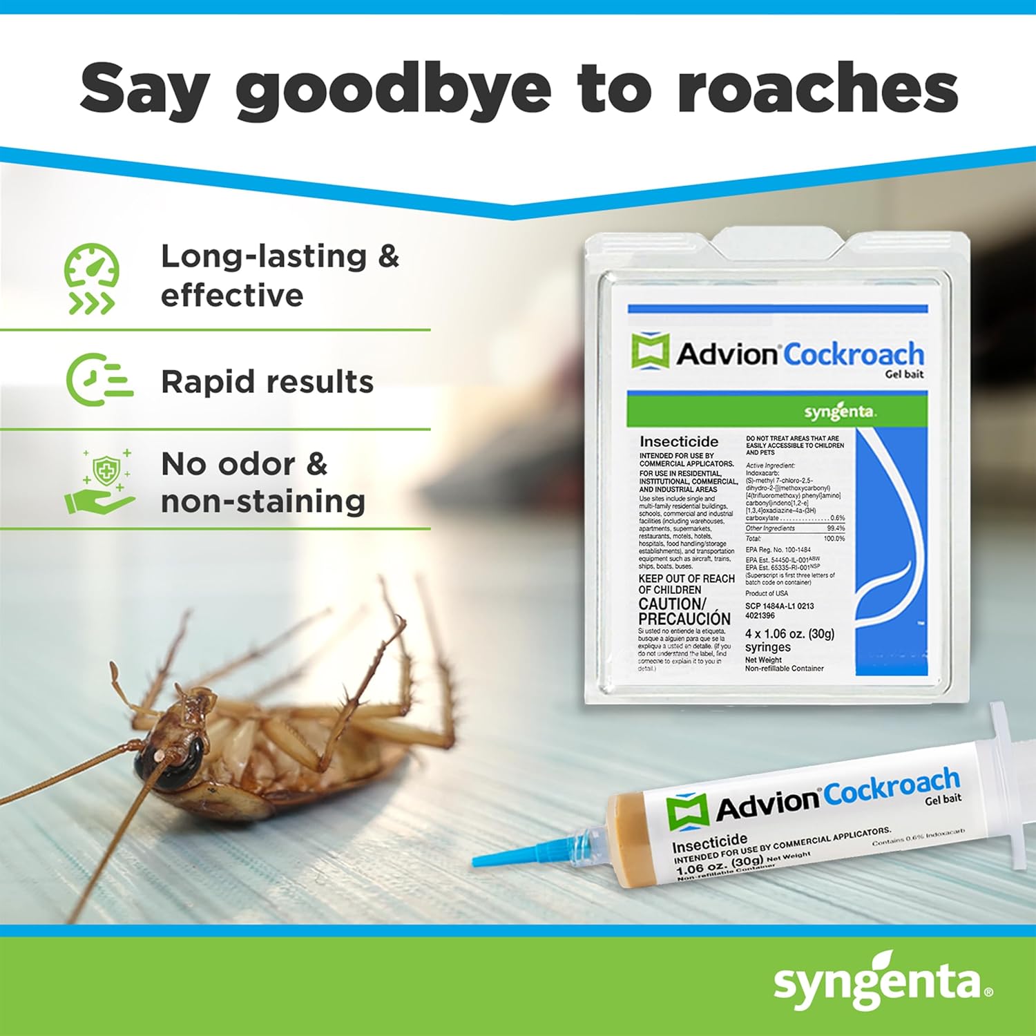 Advion Cockroach Gel Bait – German Roach Insect Pest Control, Roach Killer Gel for American, German and Other Major Cockroach Species, Indoor and Outdoor Use, 4 Tubes x 30 Grams with 4 Plungers and 4 Tips