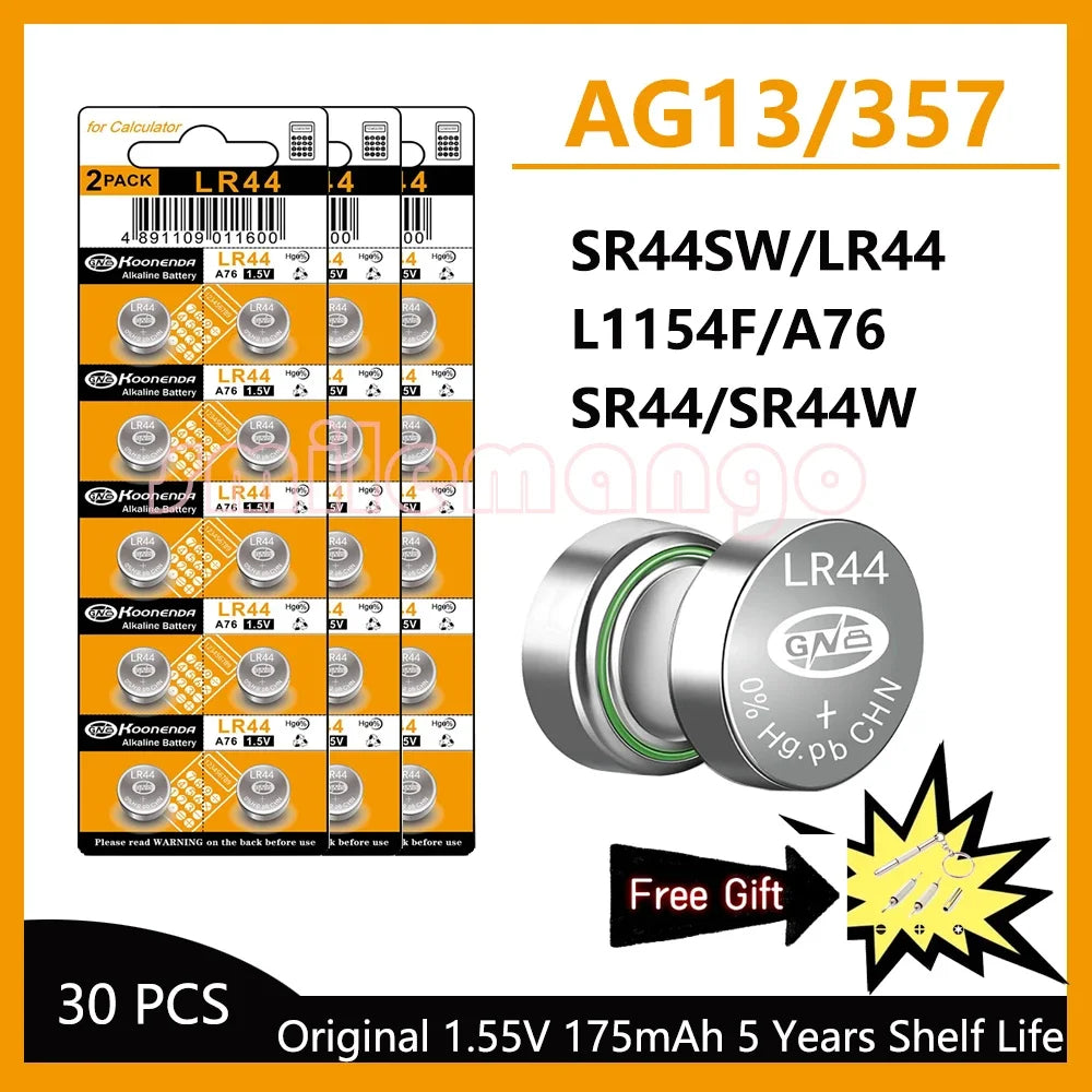 LR44 / AG13 1.5V Alkaline Button Cell Batteries for Calculators and Small Electronics