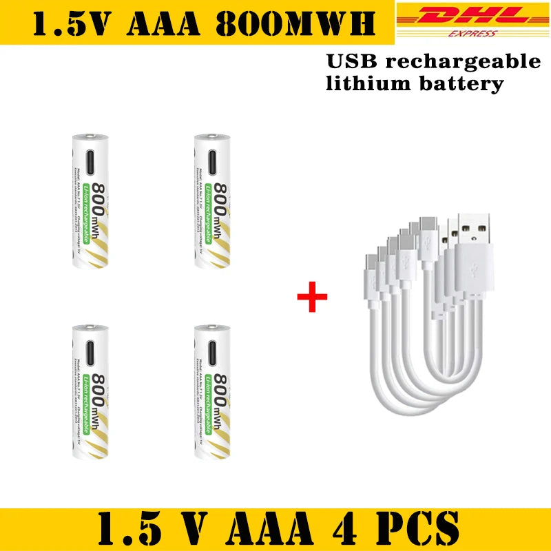 AAA and AA Rechargeable Batteries USB Lithium-ion 3400mWh 1.5V AA Rechargeable Batteries+800mWh 1.5V AAA Battery+ Type-C Cable