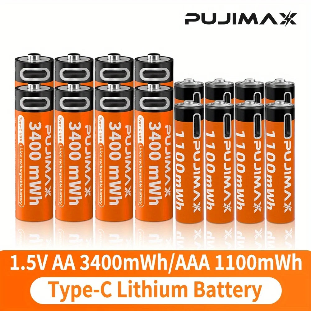 PUJIMAX AA/AAA Rechargeable Lithium Batteries, 1.5V, USB-C Charging, Up to 1500 Cycles