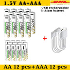 AAA and AA Rechargeable Batteries USB Lithium-ion 3400mWh 1.5V AA Rechargeable Batteries+800mWh 1.5V AAA Battery+ Type-C Cable