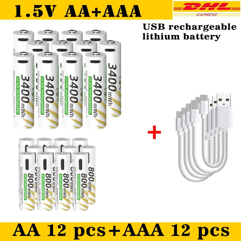 AAA and AA Rechargeable Batteries USB Lithium-ion 3400mWh 1.5V AA Rechargeable Batteries+800mWh 1.5V AAA Battery+ Type-C Cable