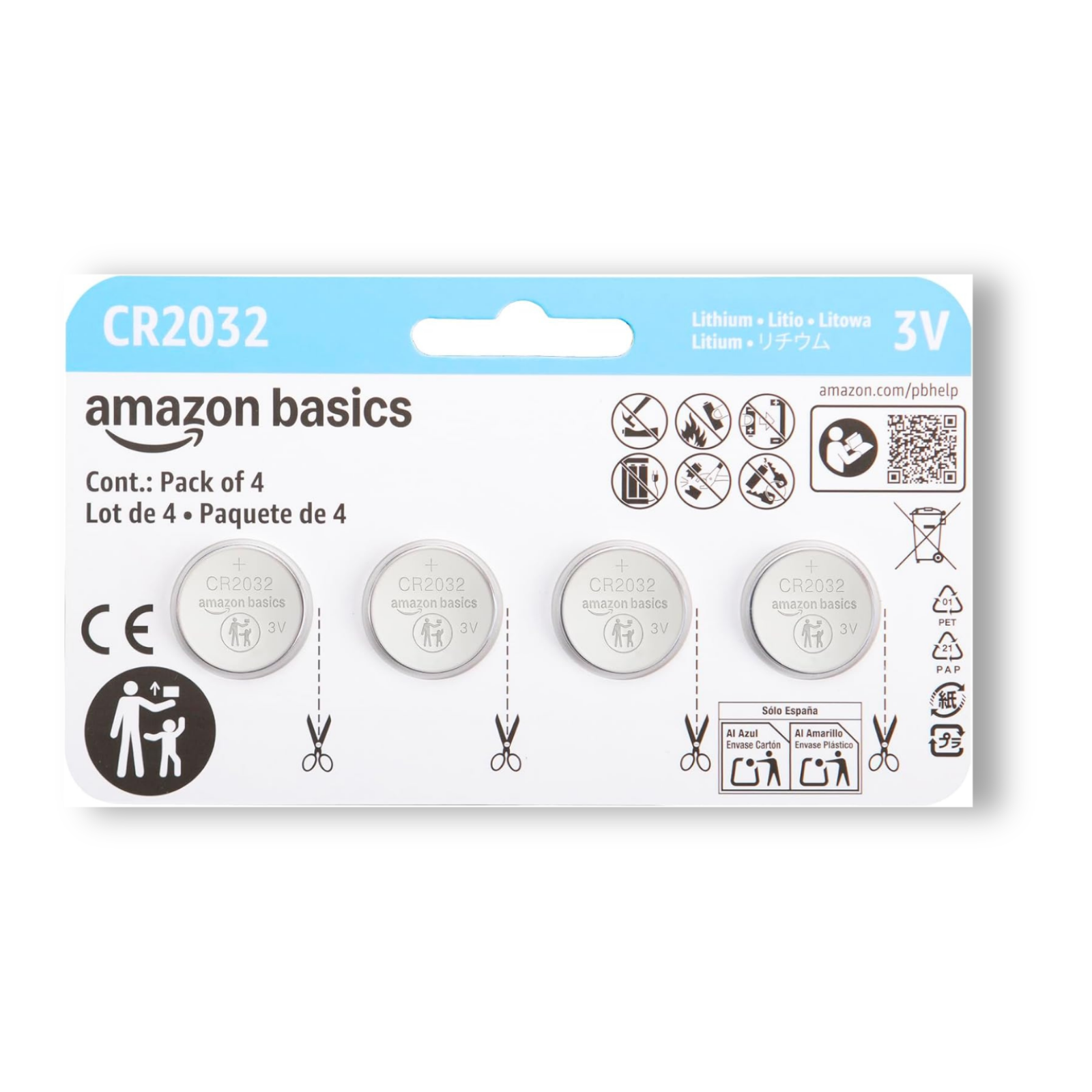 Amazon Basics CR2032 3V Lithium Coin Cell Batteries, Child-Proof Package, Non-Coated, AirTag Compatible, 4-Pack