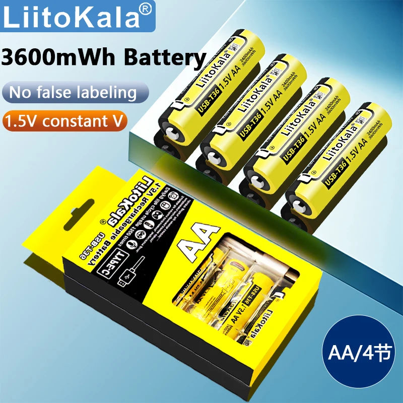 Liitokala USB-T36 1.5V AA 3600mWh Li-Ion Rechargeable Battery 1200 Cycle Type-C AA 2400mAh Battery with 4-in-1 USB Cable