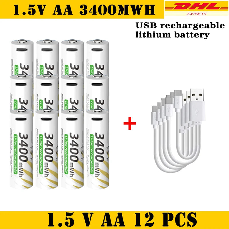 AAA and AA Rechargeable Batteries USB Lithium-ion 3400mWh 1.5V AA Rechargeable Batteries+800mWh 1.5V AAA Battery+ Type-C Cable