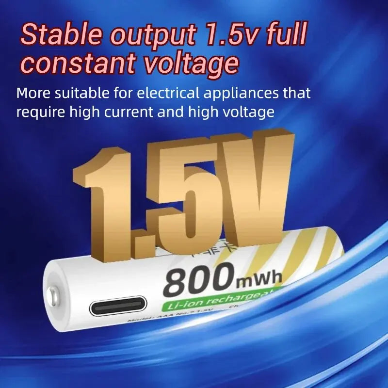 AAA and AA Rechargeable Batteries USB Lithium-ion 3400mWh 1.5V AA Rechargeable Batteries+800mWh 1.5V AAA Battery+ Type-C Cable