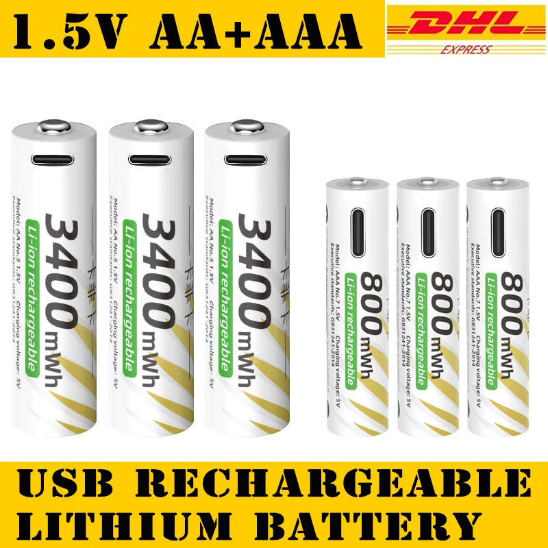 AAA and AA Rechargeable Batteries USB Lithium-ion 3400mWh 1.5V AA Rechargeable Batteries+800mWh 1.5V AAA Battery+ Type-C Cable