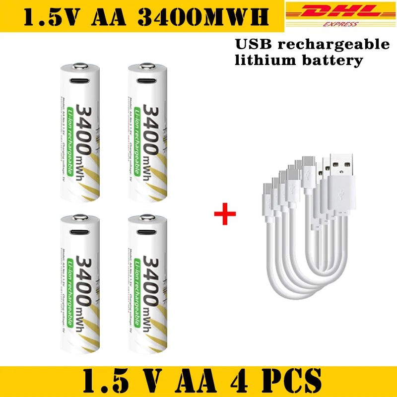 AAA and AA Rechargeable Batteries USB Lithium-ion 3400mWh 1.5V AA Rechargeable Batteries+800mWh 1.5V AAA Battery+ Type-C Cable