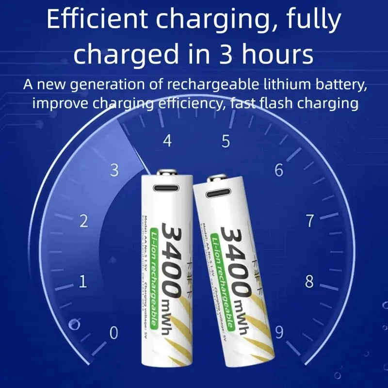 AAA and AA Rechargeable Batteries USB Lithium-ion 3400mWh 1.5V AA Rechargeable Batteries+800mWh 1.5V AAA Battery+ Type-C Cable