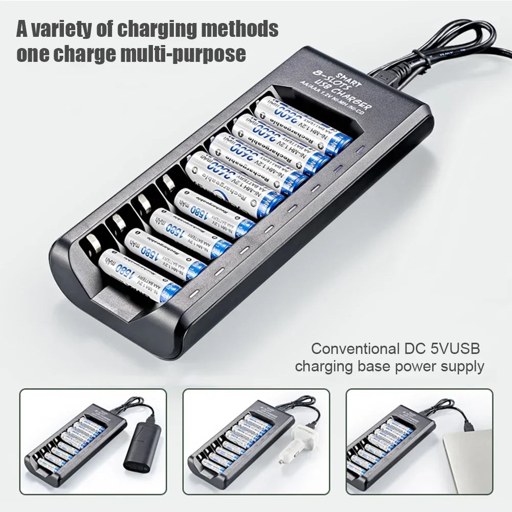 USB Output 8 Slots Fast Charging Short Circuit Protection for 1.2V NiMH AAA/AA Batteries Charger Rechargeable Battery Charger