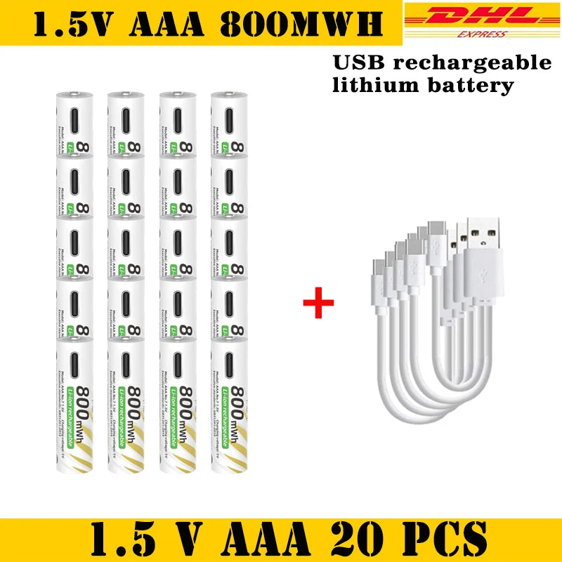 AAA and AA Rechargeable Batteries USB Lithium-ion 3400mWh 1.5V AA Rechargeable Batteries+800mWh 1.5V AAA Battery+ Type-C Cable