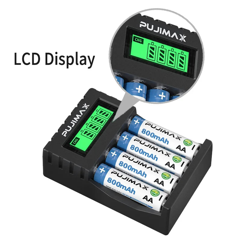 PUJIMAX 4 Slots 1.2V Smart Battery Charger LCD Display For AA/AAA NiCd NiMh Rechargeable Battery Portable Fast Charging Adapter