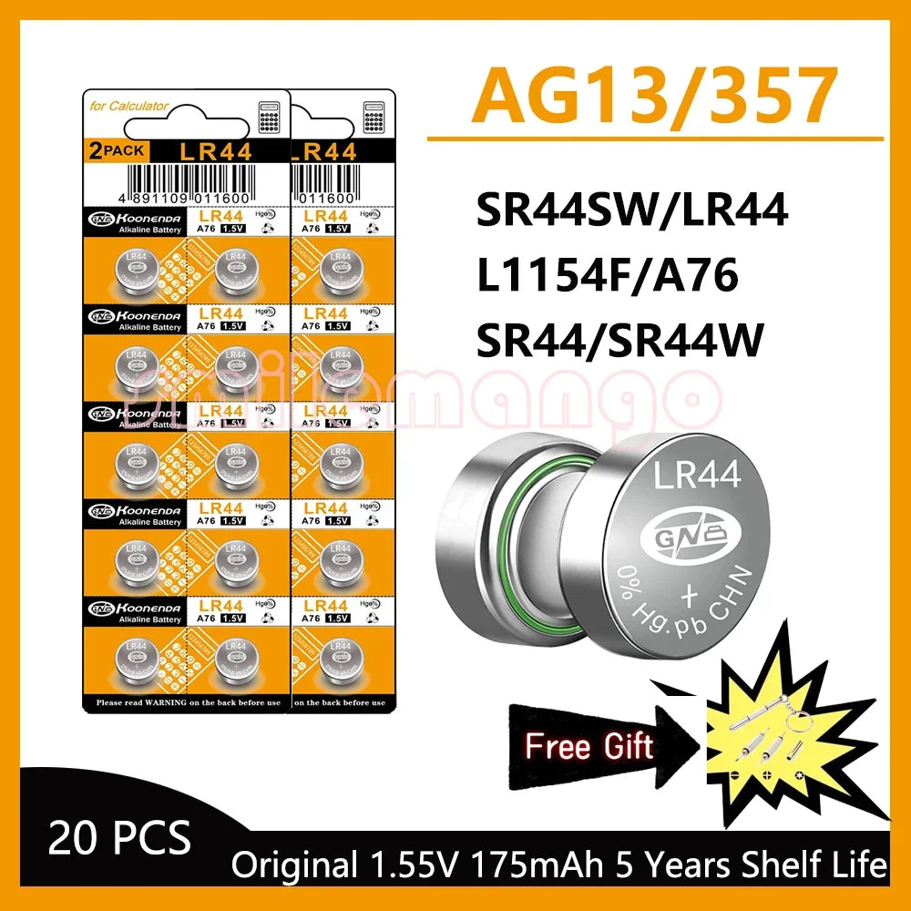 LR44 / AG13 1.5V Alkaline Button Cell Batteries for Calculators and Small Electronics